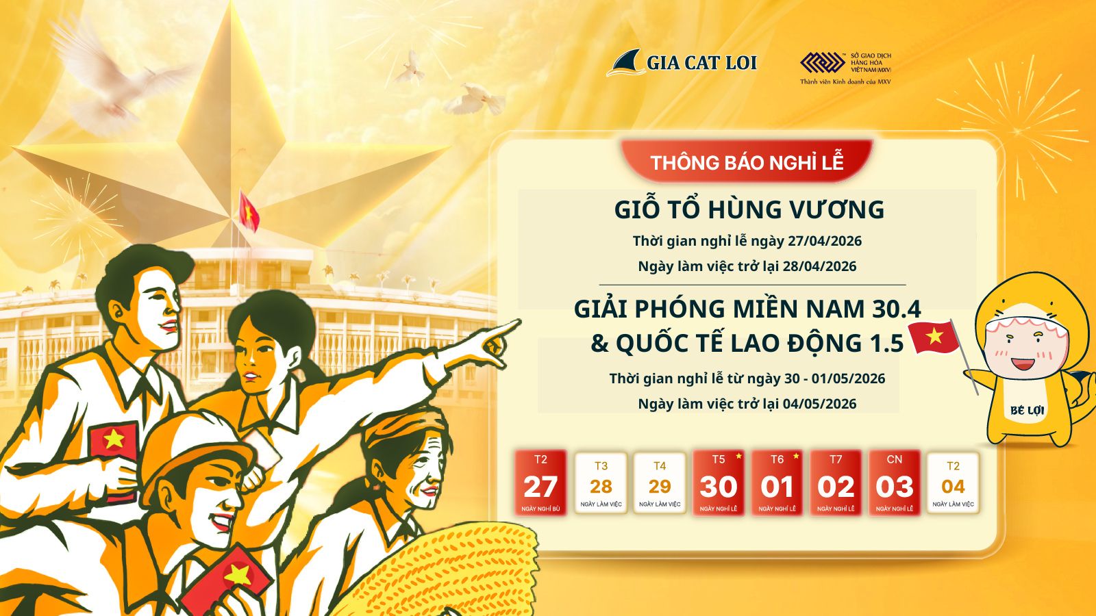 THÔNG BÁO NGHỈ LỄ GIỖ TỔ HÙNG VƯƠNG, NGÀY GIẢI PHÓNG MIỀN NAM (30/4) & NGÀY QUỐC TẾ LAO ĐỘNG (01/05) NĂM 2026